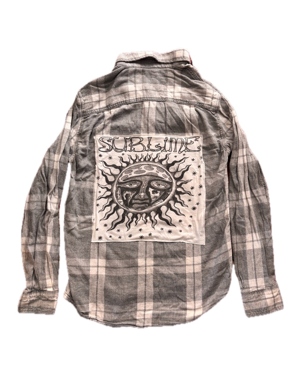 Upcycled Gray Plaid Flannel Button-Down Shirt with Sublime Concert Patch